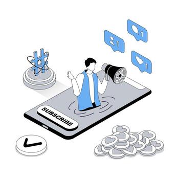 Blogging 3d isometric concept with isometry people design for web. Blogger with megaphone announcing advert information for audience, getting new subscribers and followers likes. illustration vector