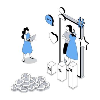 Blogging 3d isometric concept with isometry people design for web. Blogger creating review in fashion blog with information, analyzing data, attracting followers and likes. illustration vector