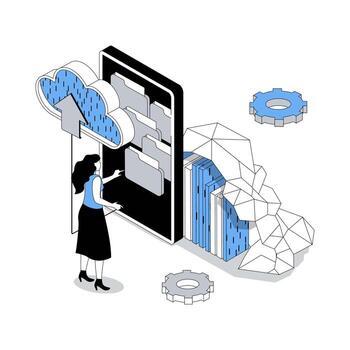Cloud storage 3d isometric concept with isometry people design for web. Woman using cloud service for managing digital library infrastructure, processing data with server access. illustration vector
