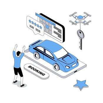 Booking 3d isometric concept with isometry people design for web. Passenger using mobile app for taxi order, choosing best feedback rating and date, getting cab transportation. illustration vector