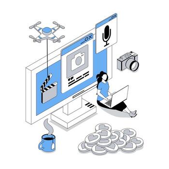 blogging 3d isométrica concepto con isometria personas diseño para web. blogger creando , foto y audio contenido en personal social medios de comunicación, desarrollando Blog y consiguiendo seguidores. ilustración vector