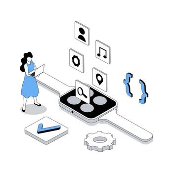 App development 3d isometric concept with isometry people design for web. Woman creating smart watch interface, placing applications buttons on screen, programming and coding. illustration vector