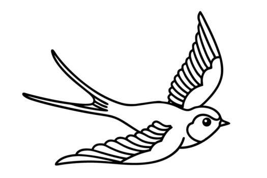 Swallow outline in flight with open wings simple black and white drawing, flying bird illustration for coloring vector