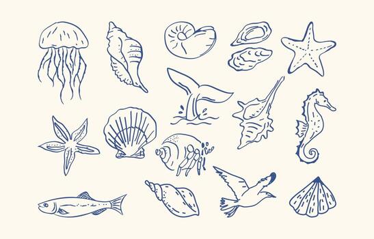 hand drawn summer sketch element with fish and shellfish collection vector