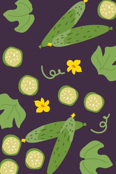 Seamless pattern of cucumbers and leaves on dark background vector