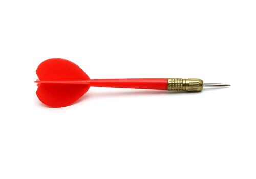 A Single Red Dart Isolated on White Background Close-Up View of a Classic Dart photo