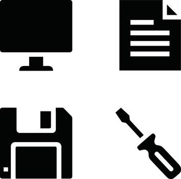 illustration of computer screen document floppy disk and screwdriver icons in a simple black style vector