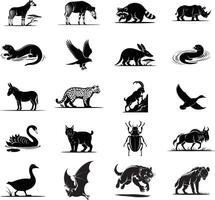negro y blanco animal siluetas colección presentando diverso fauna silvestre ilustraciones para diseño proyectos vector