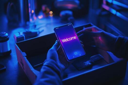 A person holding a smartphone with the word welcome on the screen photo