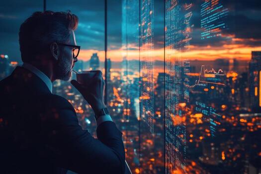un hombre en un traje mirando a un paisaje urbano mediante un ventana foto