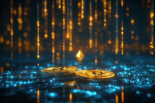 Ethereum and bitcoin coins on a dark background photo