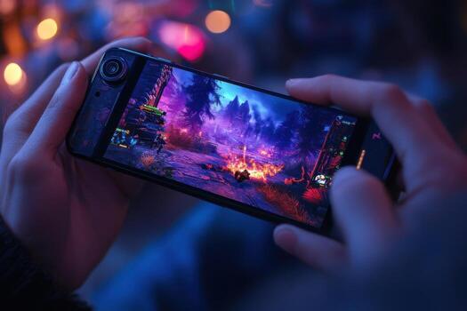 A person holding up a smartphone with a game on it photo