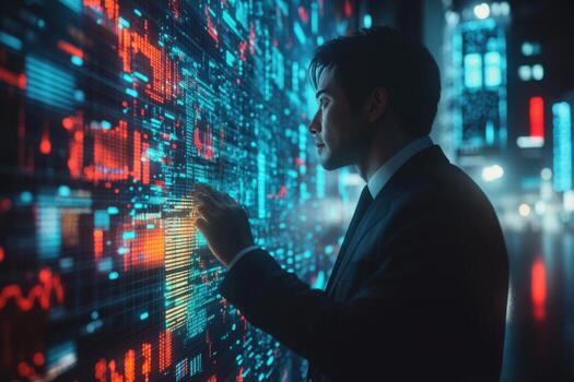 A man in a suit is looking at a digital display photo