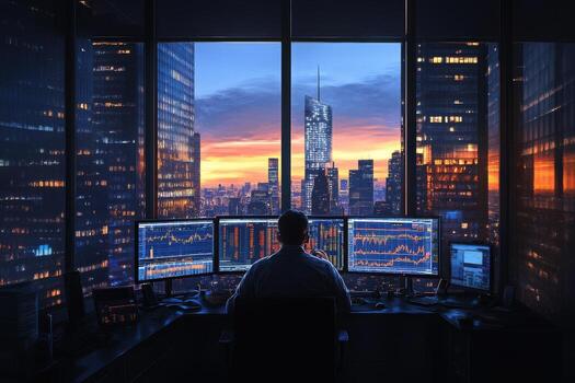 A man sitting at a desk with three computer screens photo