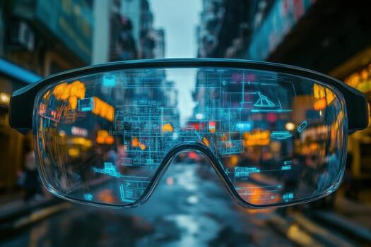 A pair of glasses with a cityscape in the background photo