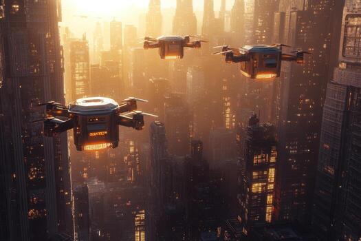 A group of flying robots in the city photo
