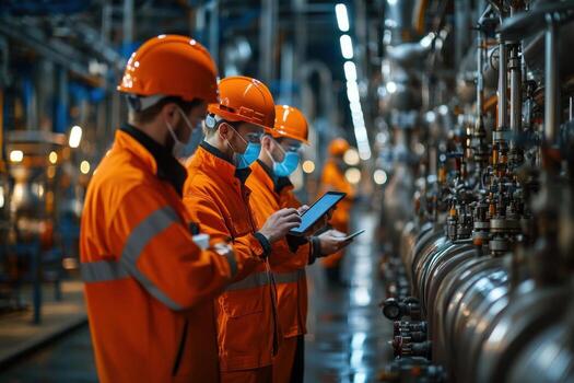 Three workers in orange workwear standing in a factory photo