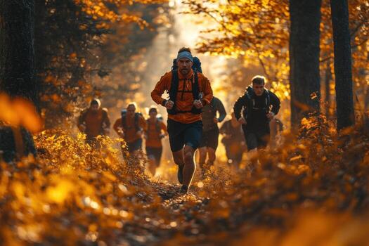A group of people running through the woods in the fall photo