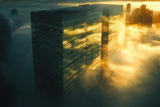 A skyscraper in the clouds at sunset photo