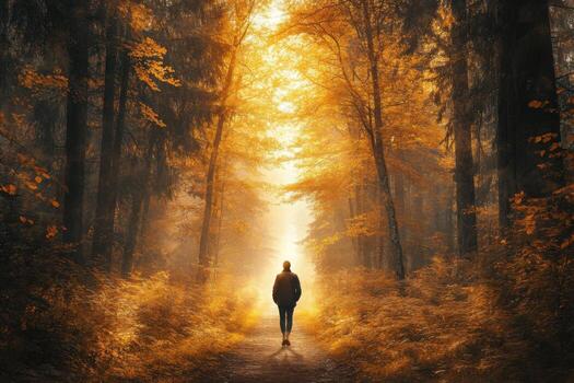 A person walking in the woods with the sun shining through the trees photo