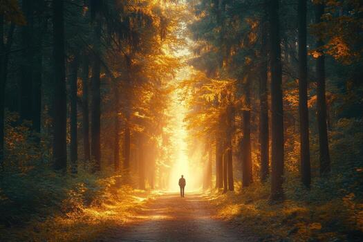 A person walking down a path in the woods photo