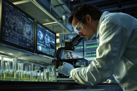 A man in a lab coat looking at a microscope photo