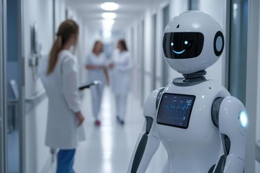 A robot walking down a hallway with people in the background photo