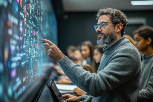 un hombre en un gris suéter es señalando a un computadora pantalla foto