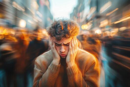 A man is holding his head in his hands while looking at the camera photo