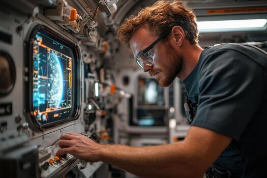 A man in a space suit looking at a computer screen photo