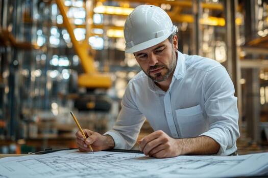 A man in a hard hat is writing on a blueprint photo