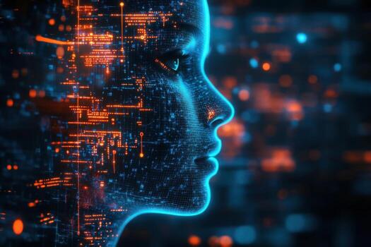 The face of a woman with a digital face photo