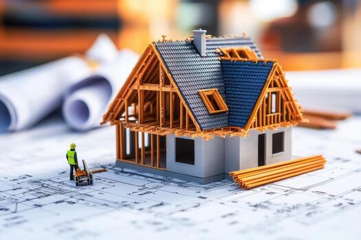 A miniature house is sitting on top of a blueprint photo