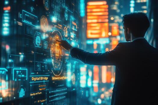 A man in a suit is touching a digital screen with futuristic technology photo