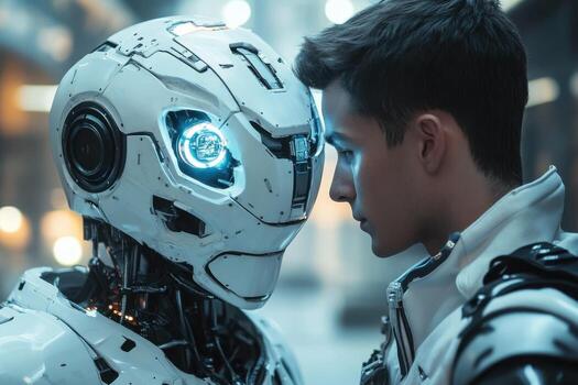 A young man and a robot are looking at each other photo