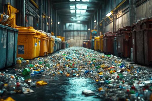 Garbage bins in a warehouse with plastic bottles and other trash photo