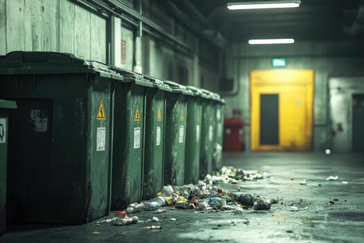 Garbage bins in a dirty, dark room photo
