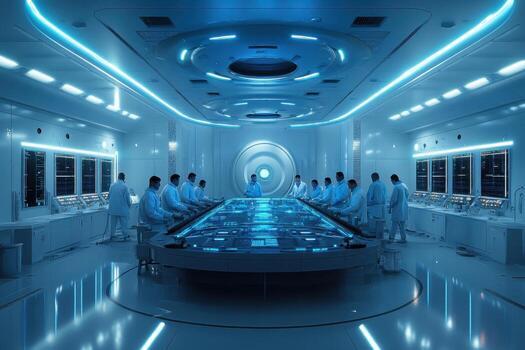 A futuristic space station with people sitting around a table photo