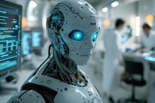 A robot with glowing eyes in a lab photo