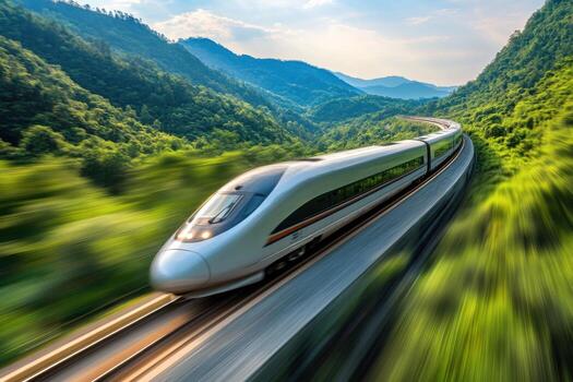 High speed bullet train in motion in the mountains photo
