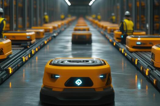 A robot is walking down a long line of yellow robots photo