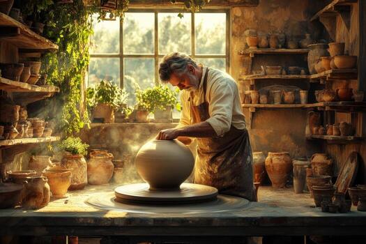 A man is making pottery in a pottery studio photo