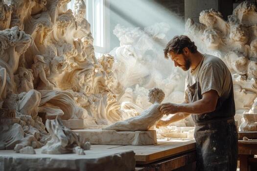 A man working on a sculpture in a studio photo
