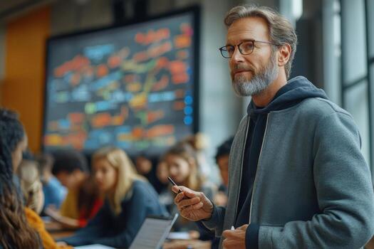 A man with glasses and a beard standing in front of a classroom photo