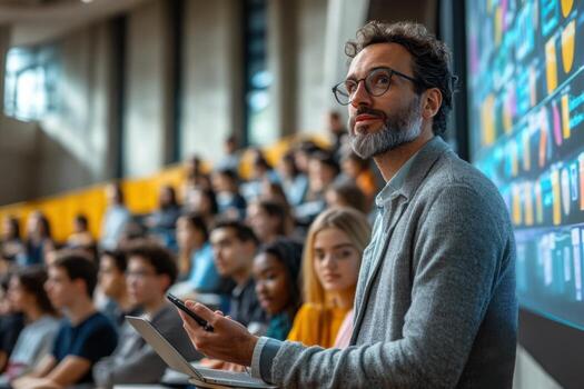 A man in a lecture hall with a laptop and a group of people photo