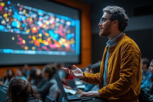 A man is giving a lecture in front of a large screen photo