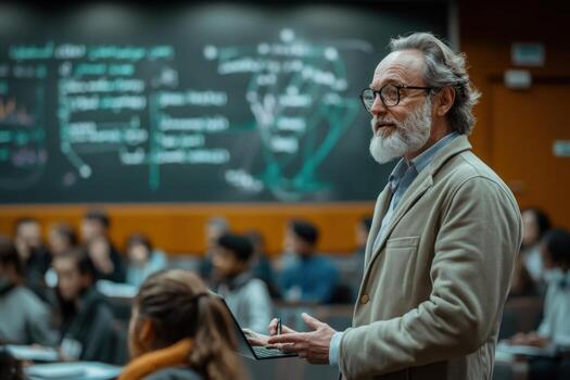 A man with a beard and glasses standing in front of a classroom photo