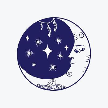 Dreamy crescent moon with face, stars, and ocean waves makes a whimsical celestial design element vector