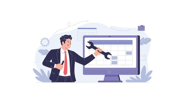 Businessman Fixing Schedule with Wrench on Computer Screen Website Maintenance, IT Support, Problem Solving, and Technical Support Concept Illustration vector