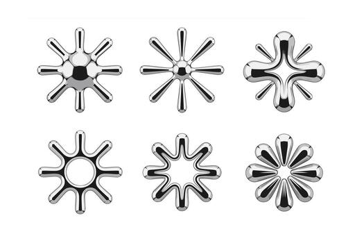 Set of Six Abstract Silver Metallic StarShaped Design Elements on White Background with Black Border for Illustration or Graphic Design vector